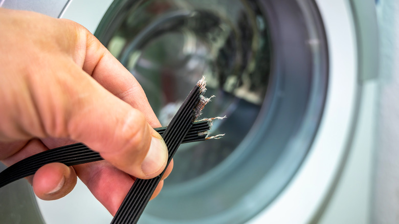 person holding broken dryer belt