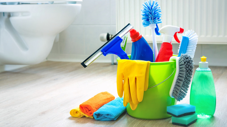 cleaning products in bathroom