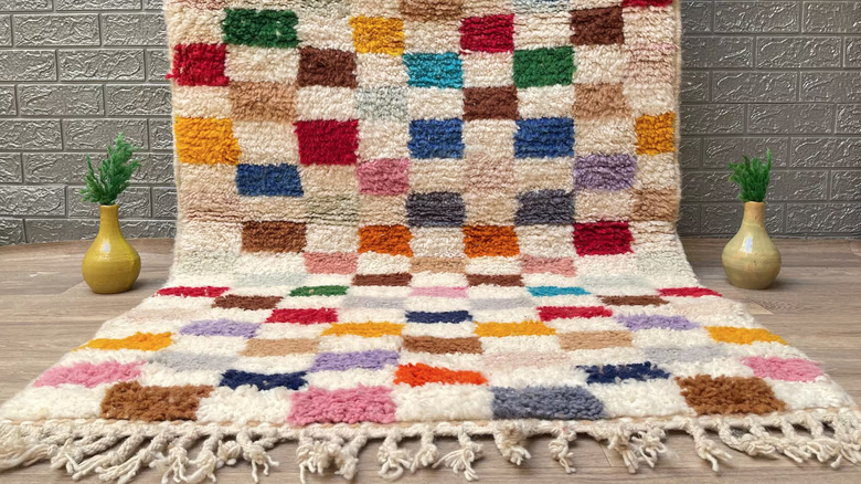 rainbow colors in checkered rug