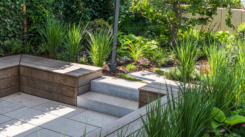 Shaded garden beds filled with greenery around a paved patio area.