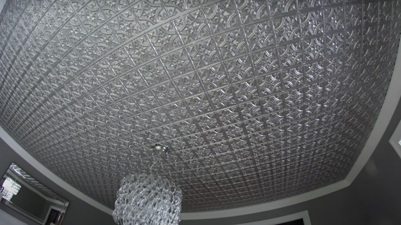 silver metal tiles on ceiling