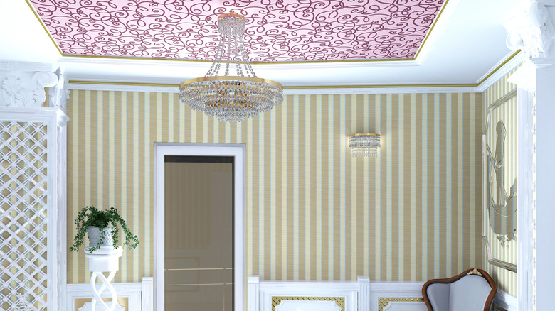 pink wallpaper on ceiling