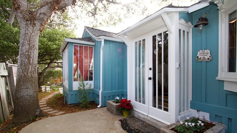 blue cottage white door