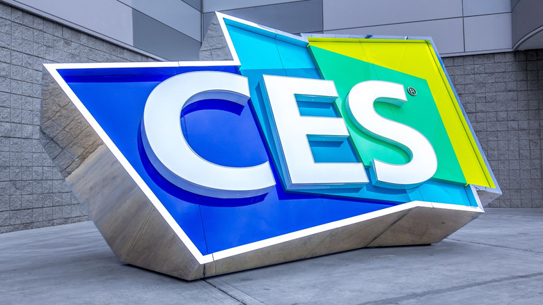 A large, colorful sculpture depicting the CES logo in Las Vegas