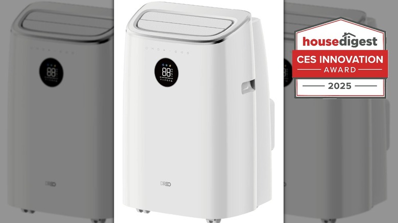 A white portable air conditioner