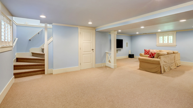 Basement with carpet