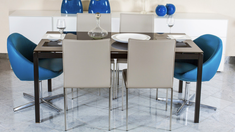 Blue and gray dining chairs