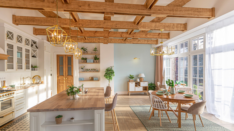 wooden beams and big windows