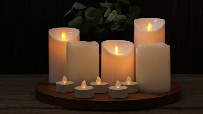 Flameless candles on a tray