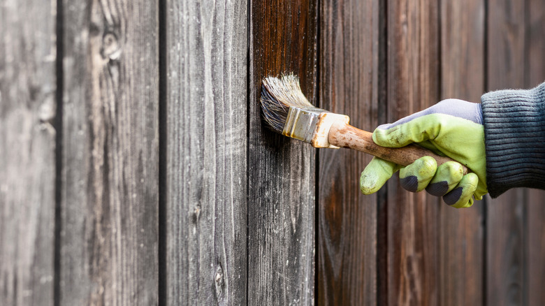 Gloved hand adding dark stain to fence