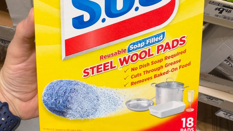 A person holds a box of steel wool pads