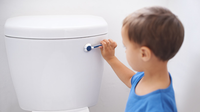 Little boy flushing toilet