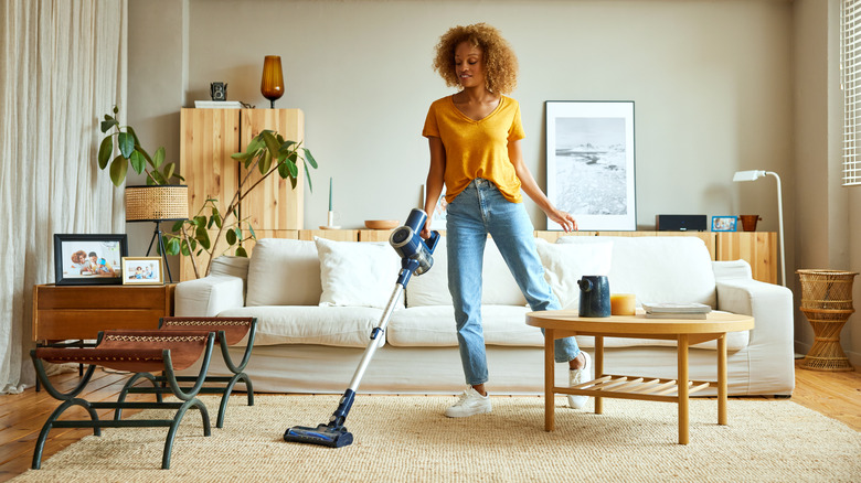 A person cleaning the house