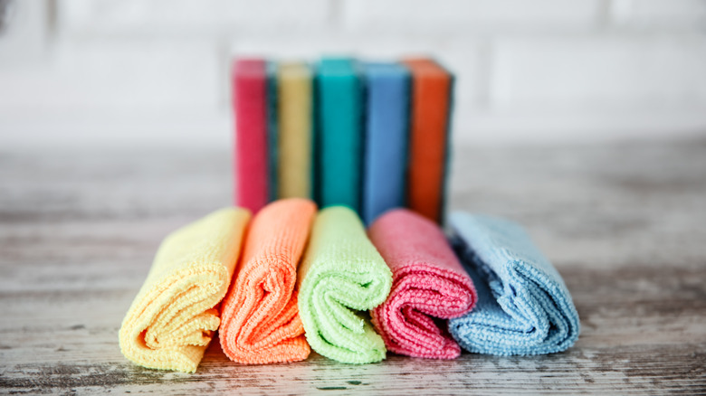 Rolled up rainbow microfiber towels