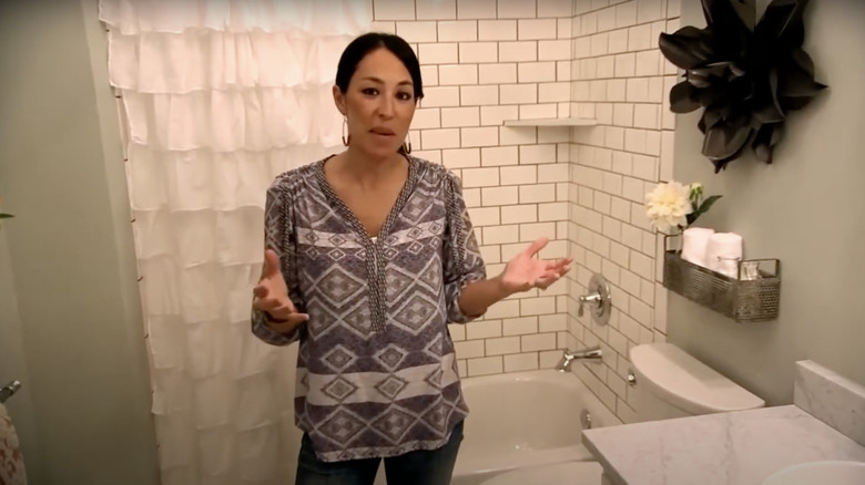 Joanna Gaines in small bathroom