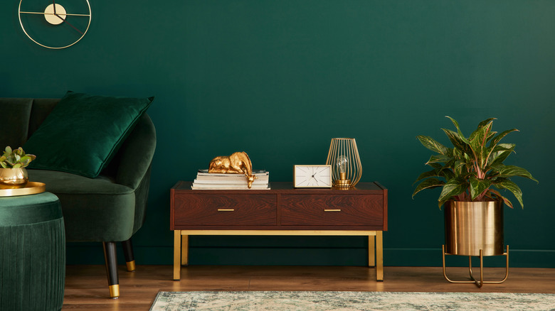 wood table in green room