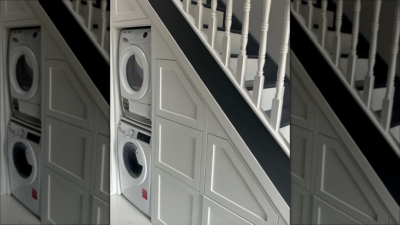 stackable washer and dryer under stairs