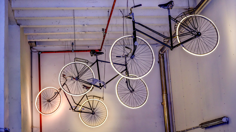 bikes hanging on ceiling 