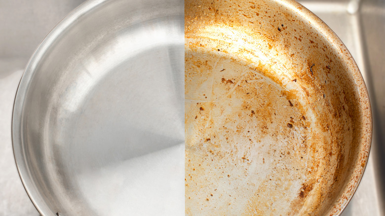 Before and after image of a dirty pan