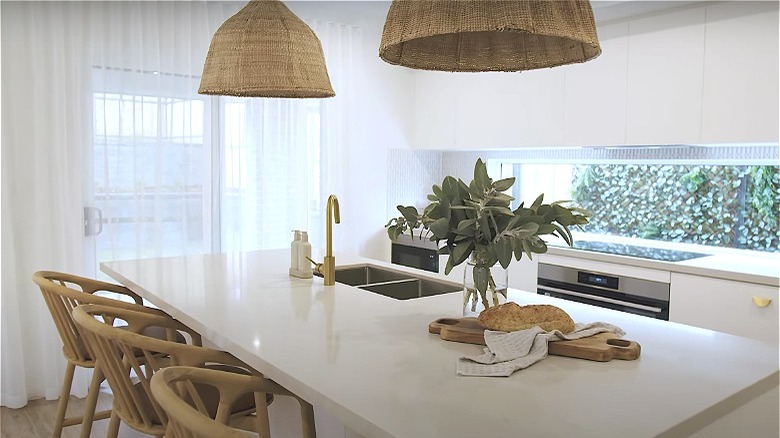 woven lighting above kitchen island