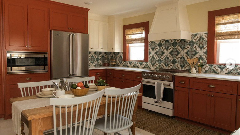 Red painted cabinets 