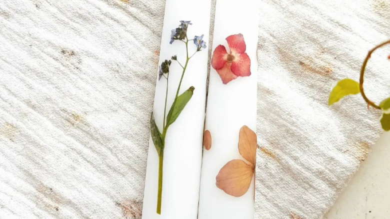 tapered candles with pressed flowers