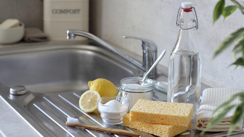 Vinegar and baking soda on sink