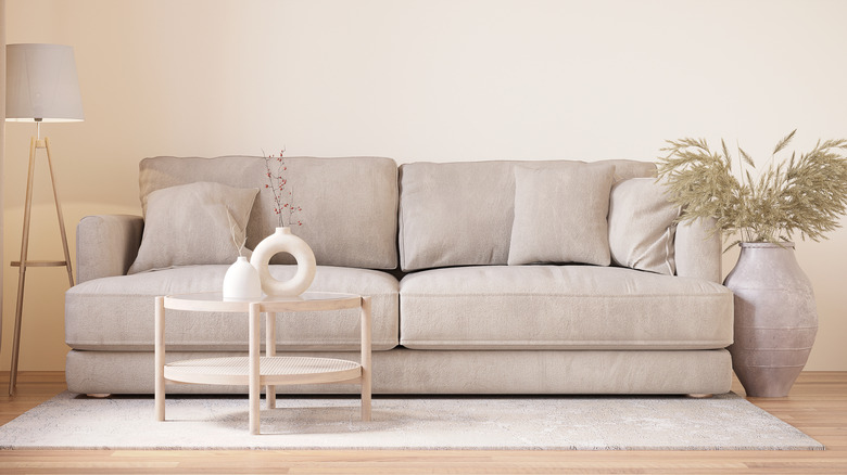 beige sofa with beige lamp and plant in beige pot