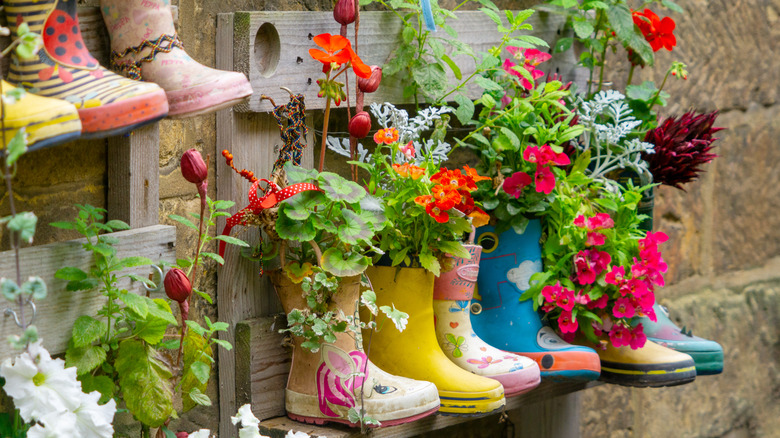 colorful rainboot planters on fence