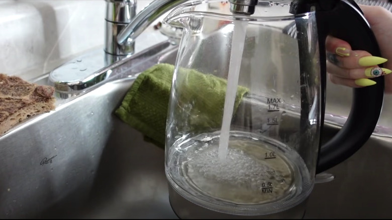 manicured hand filling pitcher with water