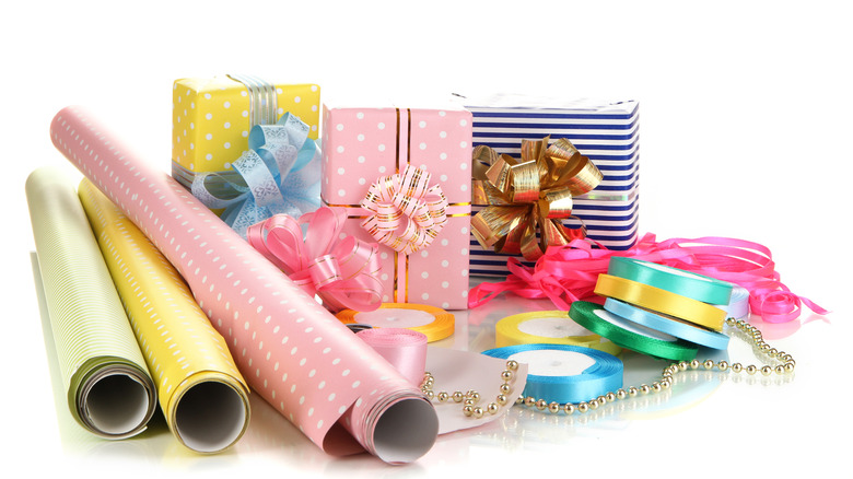 various gift wrapping supplies