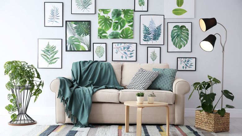 Living room with botanical artwork