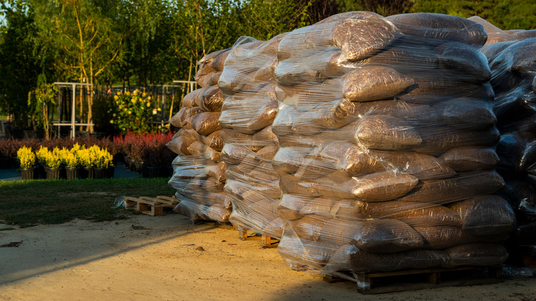 Stacked bags of wood chips