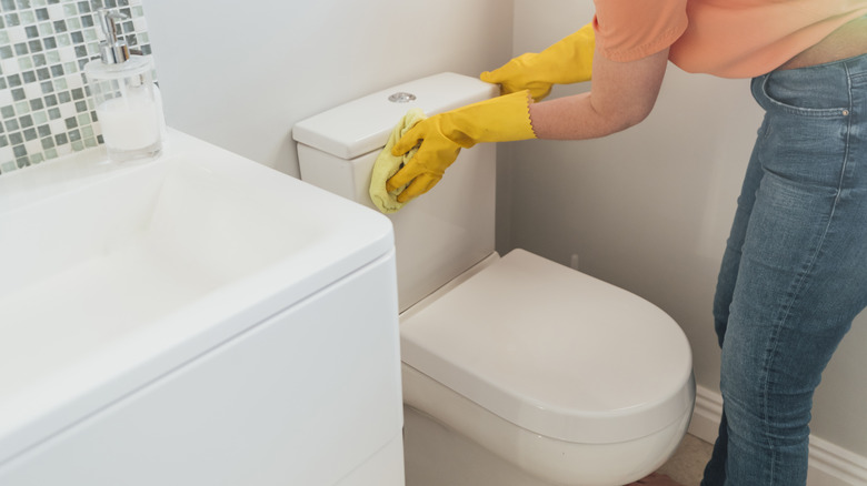 woman cleaning toilet 