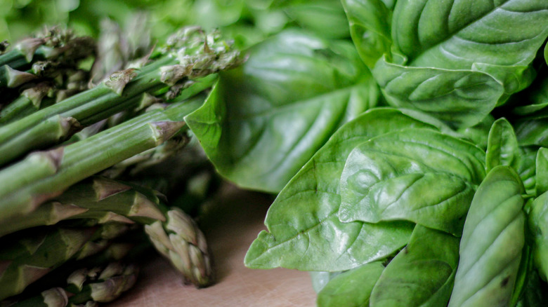 Asparagus and basil on board