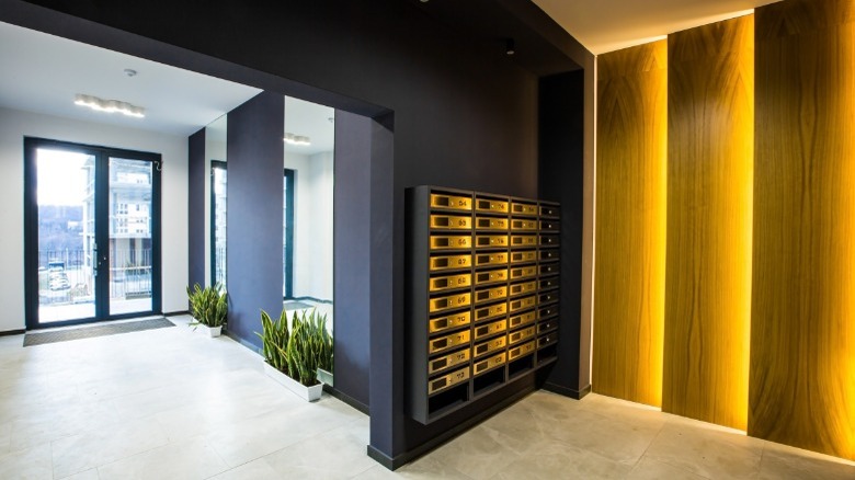 Mailboxes inside condo lobby