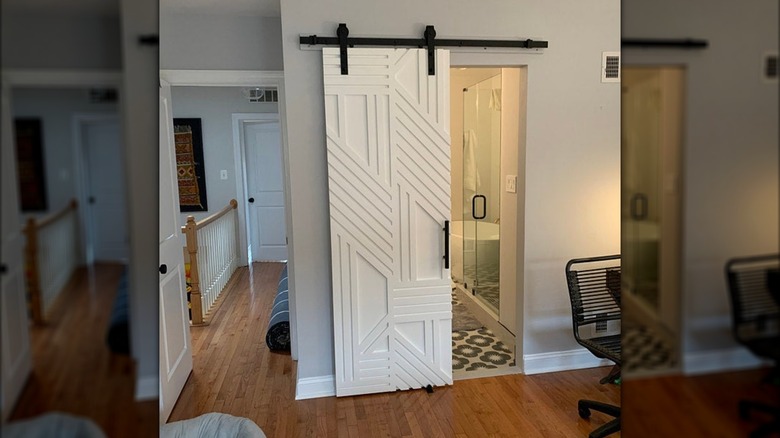 Barn door with 3D geometric pattern and pet opening at bottom