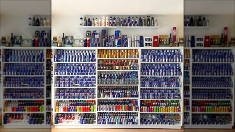 redbull collection displayed on shelves