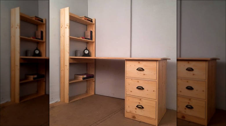 light wood desk with shelves