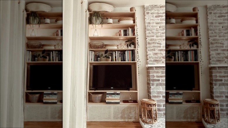 tan shelves with television