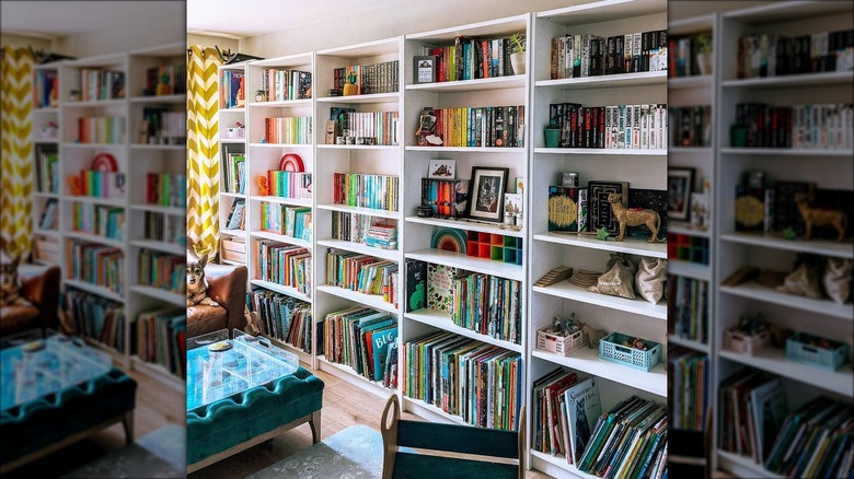 white bookshelves along wall