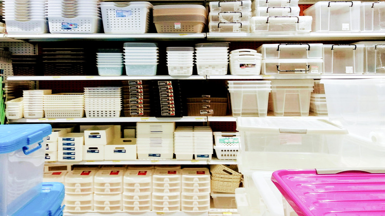 Wide variety of storage containers on shelves in a store