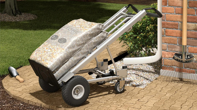 hand truck with decorative outdoor rock bags