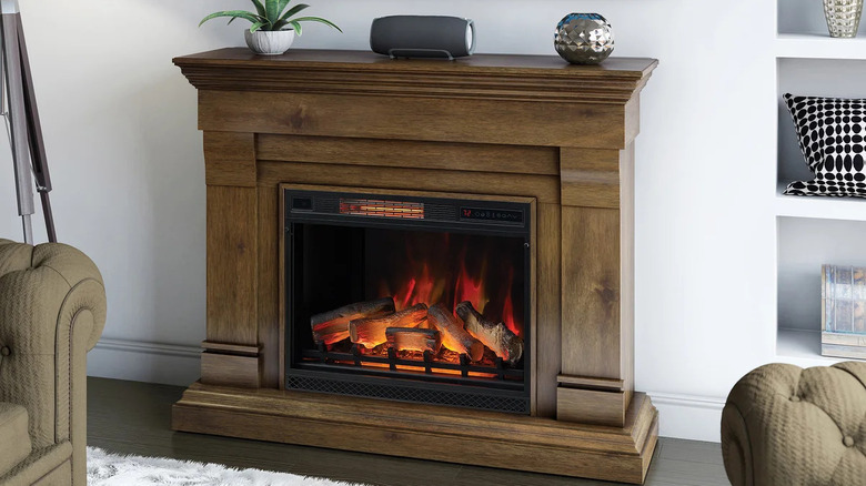 contemporary electric fireplace with brown wood veneer finish