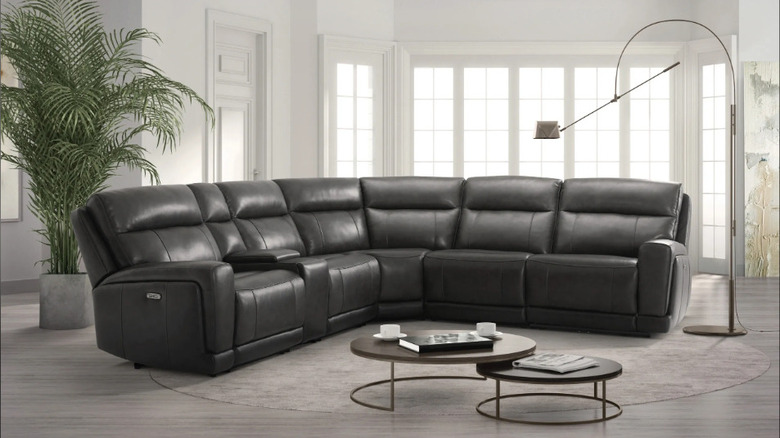 A gray sectional in a bright and airy room