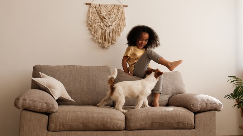 Little girl playing on couch