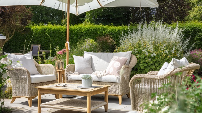 patio with light colored furniture 