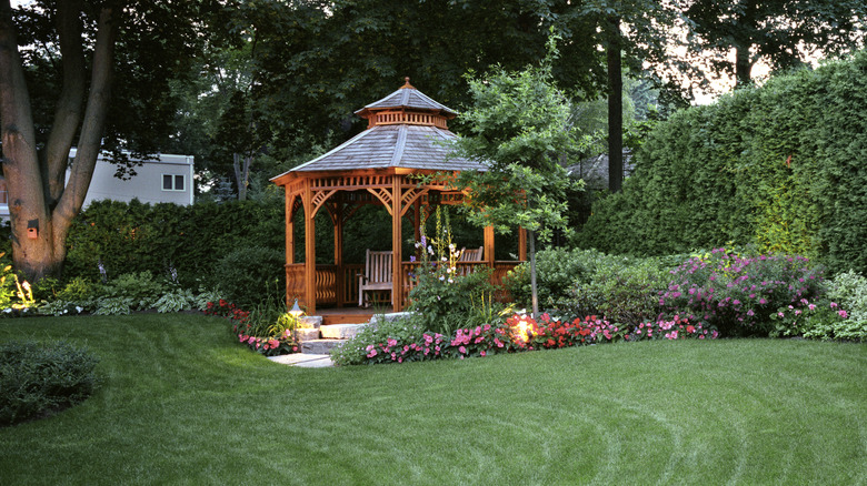 Gazebo with lawn and garden