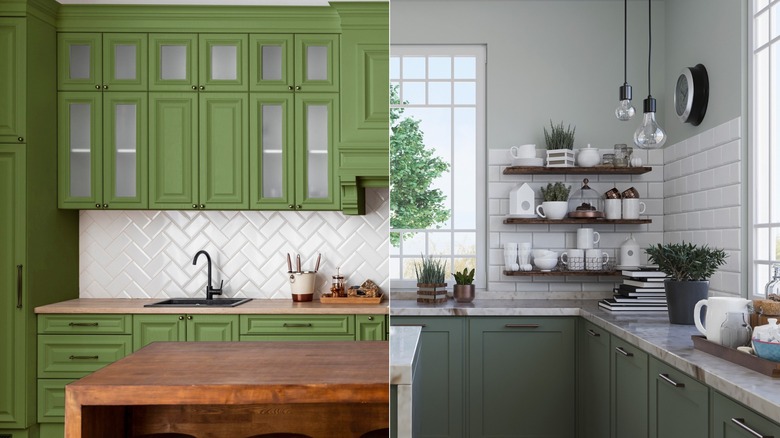 green cabinets with wood white countertops