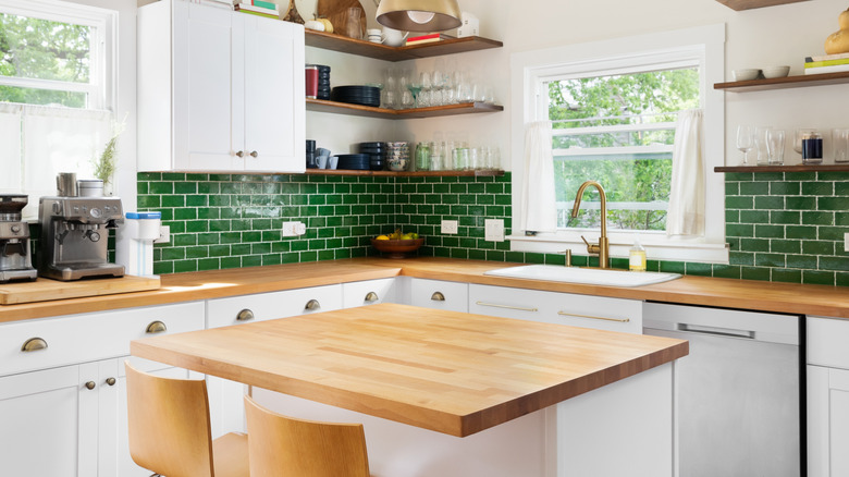 kitchen with butcher block counter and island